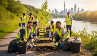 Diverse volunteers wearing gloves plant tree saplings and collect litter along a Toronto riverside trail at golden hour, with tools in the foreground and the city skyline softly blurred behind