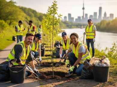 Diverse volunteers wearing gloves plant tree saplings and collect litter along a Toronto riverside trail at golden hour, with tools in the foreground and the city skyline softly blurred behind
