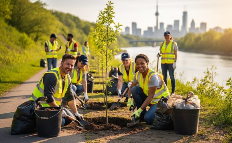 Diverse volunteers wearing gloves plant tree saplings and collect litter along a Toronto riverside trail at golden hour, with tools in the foreground and the city skyline softly blurred behind