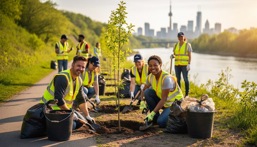 Diverse volunteers wearing gloves plant tree saplings and collect litter along a Toronto riverside trail at golden hour, with tools in the foreground and the city skyline softly blurred behind