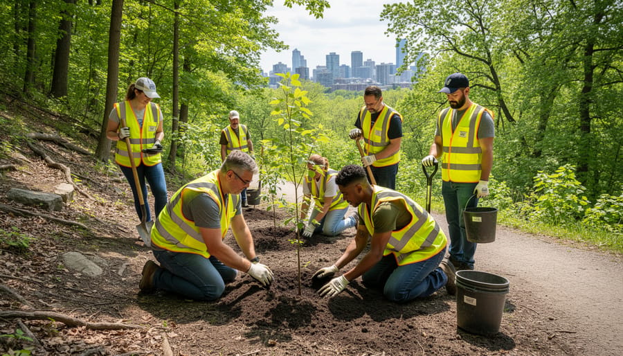 Diverse group of young volunteers planting trees in Toronto ravine system