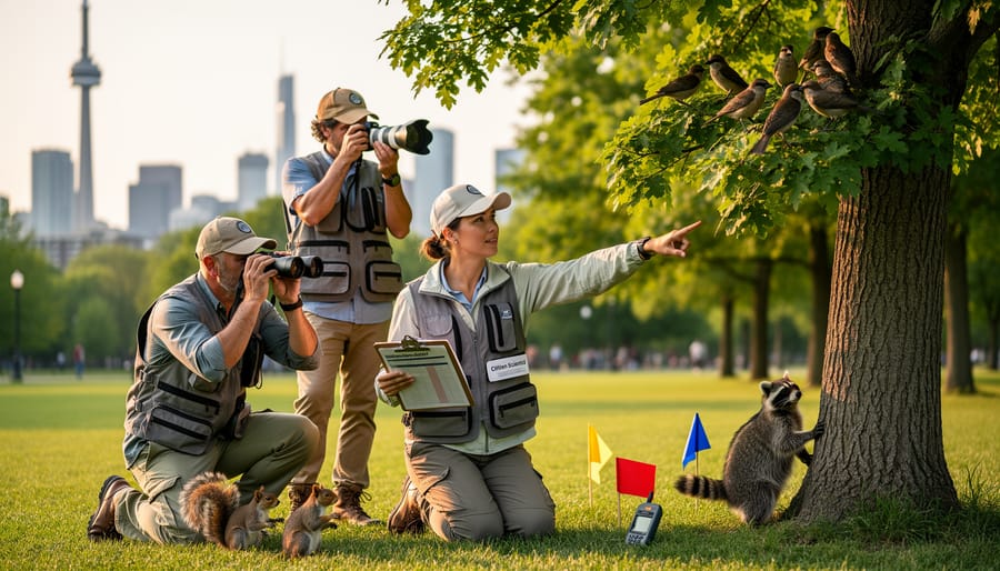 Young volunteer conducting bird monitoring and wildlife observation in Toronto wetland