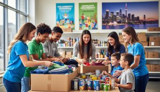 “Diverse youth volunteers in a Toronto community center sorting donations and helping younger children during a volunteer session.”