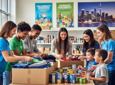 “Diverse youth volunteers in a Toronto community center sorting donations and helping younger children during a volunteer session.”