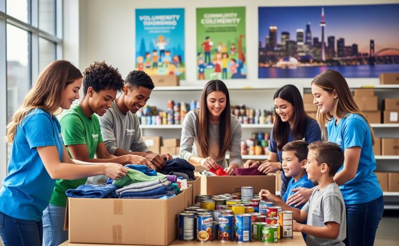 “Diverse youth volunteers in a Toronto community center sorting donations and helping younger children during a volunteer session.”