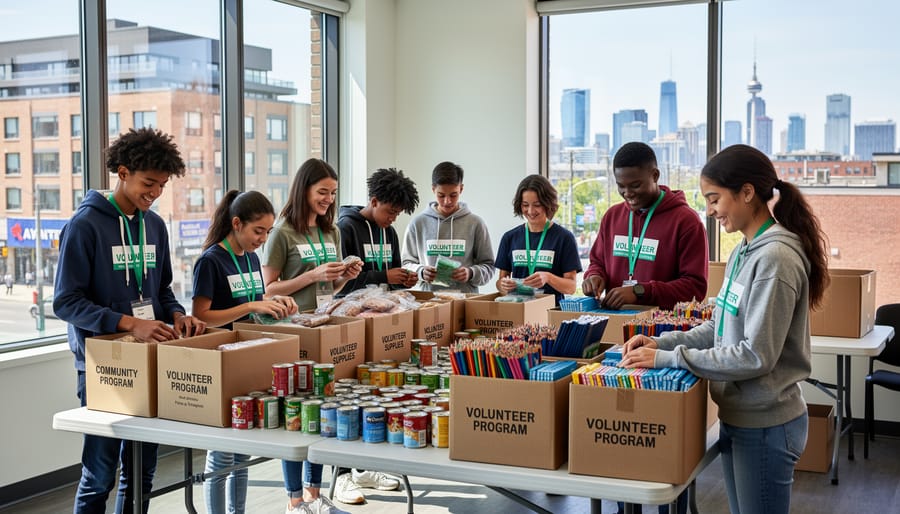 Toronto youth volunteers preparing a community program welcome table with supplies and flyers