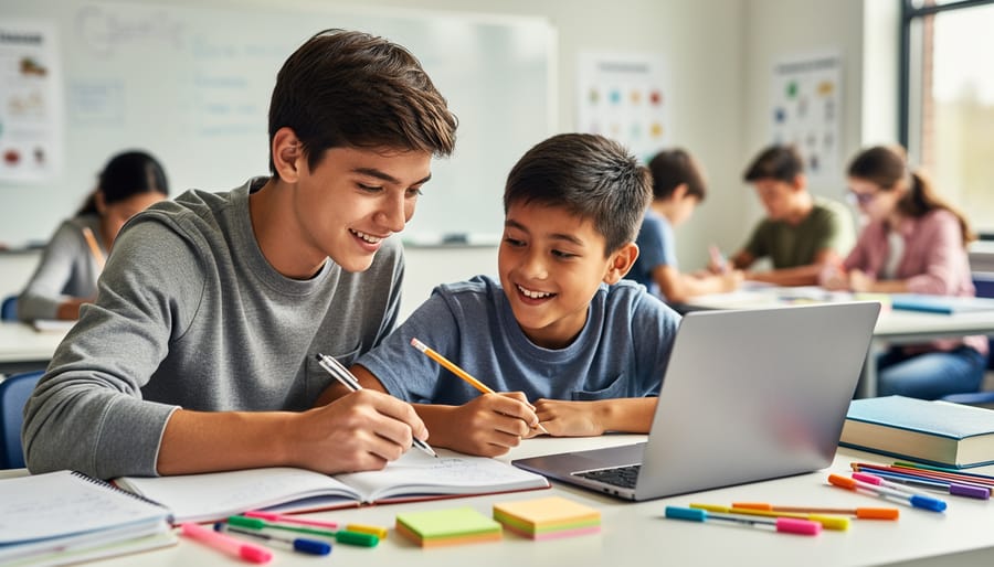 Youth mentor and teenager studying together at a library table