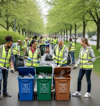 Diverse group of volunteers sorting and collecting litter with grabbers and recycling bins along a park path in Toronto.