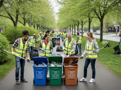 Diverse group of volunteers sorting and collecting litter with grabbers and recycling bins along a park path in Toronto.