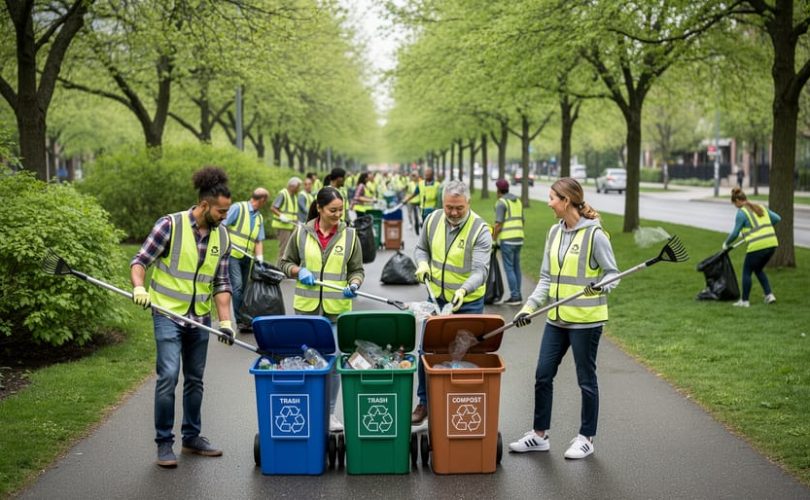 Diverse group of volunteers sorting and collecting litter with grabbers and recycling bins along a park path in Toronto.