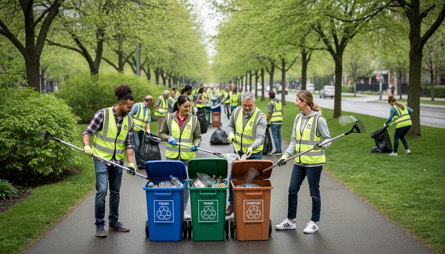 Diverse group of volunteers sorting and collecting litter with grabbers and recycling bins along a park path in Toronto.