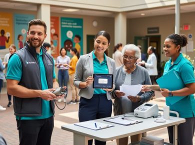 Volunteers in a Toronto community center courtyard provide health screening support and help an elderly neighbor and a newcomer with health information.