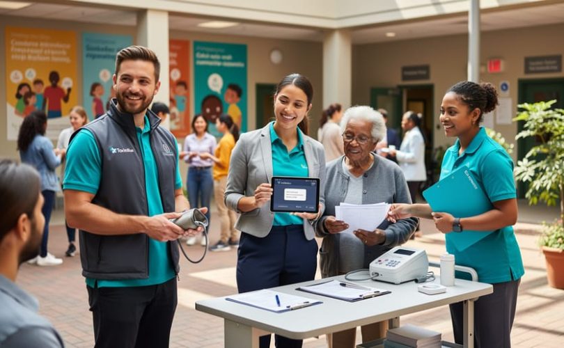 Volunteers in a Toronto community center courtyard provide health screening support and help an elderly neighbor and a newcomer with health information.