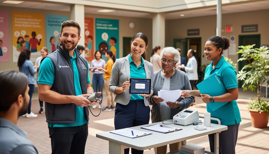 Volunteers in a Toronto community center courtyard provide health screening support and help an elderly neighbor and a newcomer with health information.