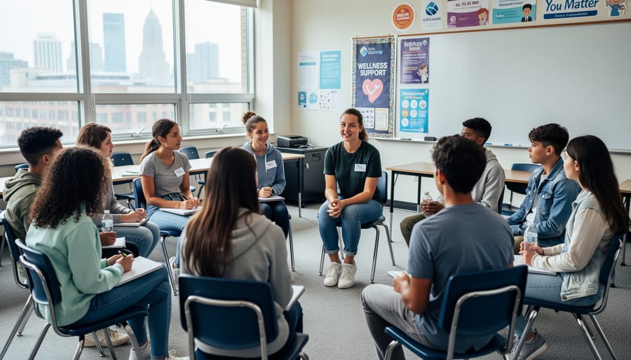 Volunteer and youth participating in a wellness workshop in a school gym