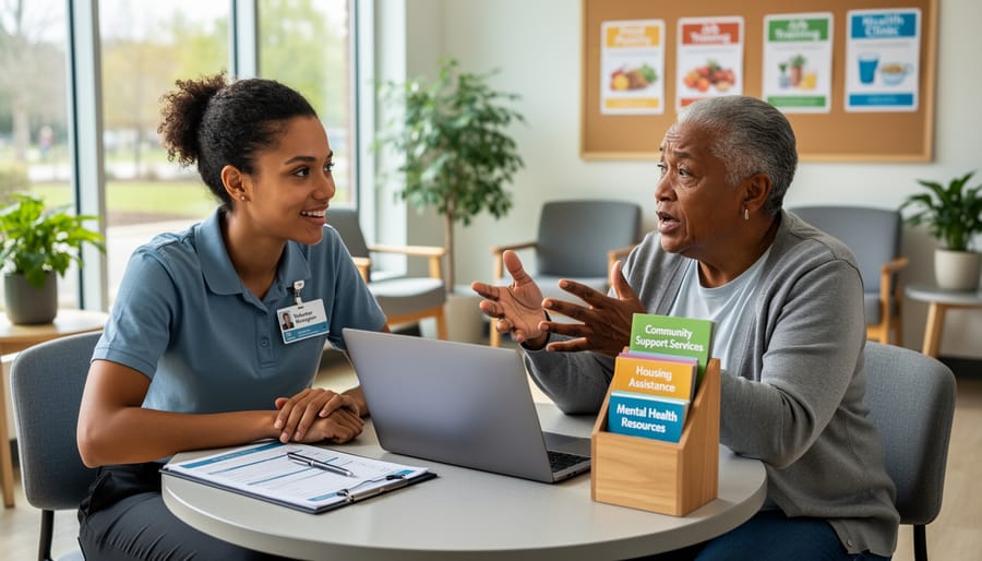 Volunteer community health navigator talking with an older adult in a Toronto community center