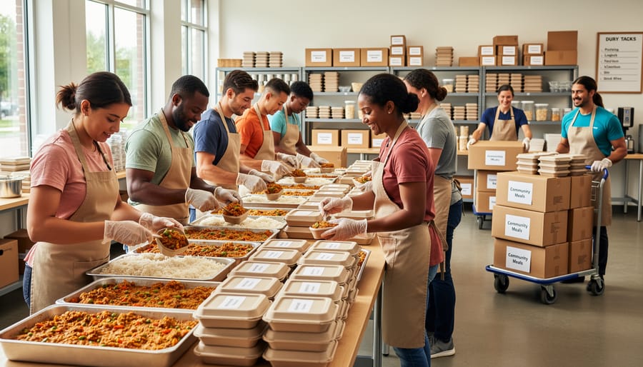 Volunteers packaging bulk meals in a community kitchen at a stainless-steel prep table.