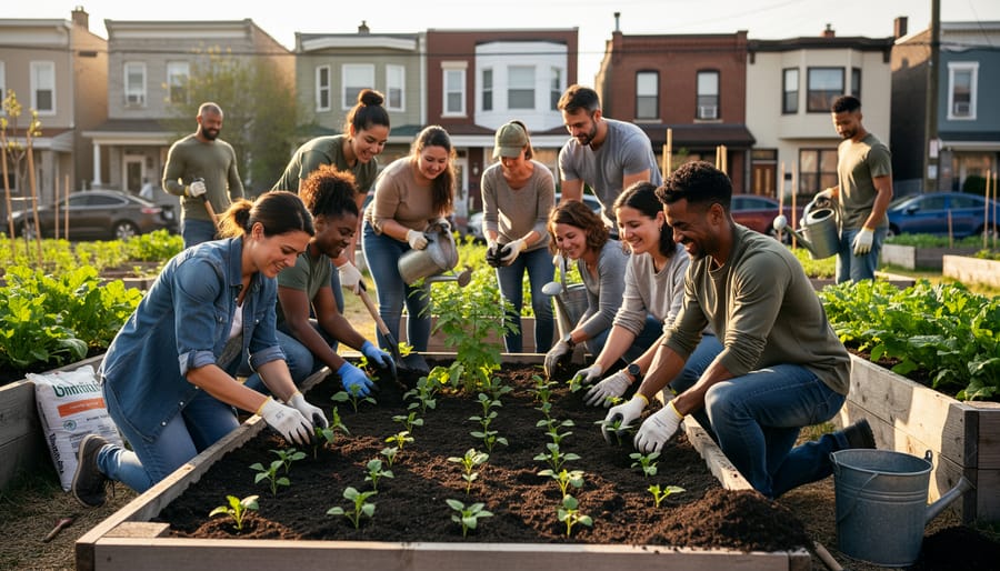 Volunteers planting seedlings in raised beds in an urban community garden.