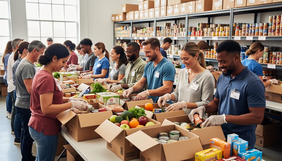 Volunteers sorting and packing donated food in a community food bank warehouse.