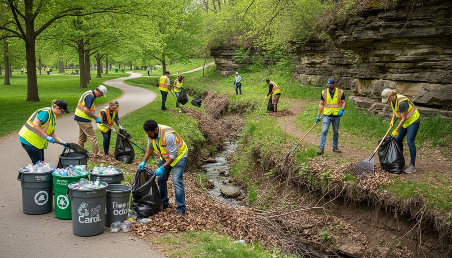 Volunteers wearing gloves clean litter together in a park setting with bags and greenery.