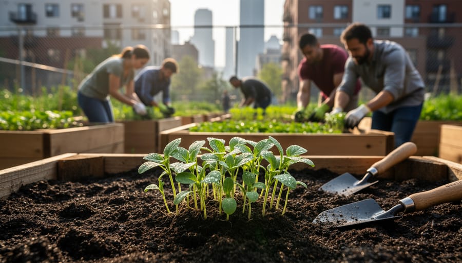 Volunteer planting seedlings in a raised bed at an urban community garden.