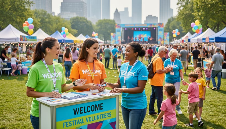 Festival volunteers greeting guests and serving refreshments at an outdoor community event.