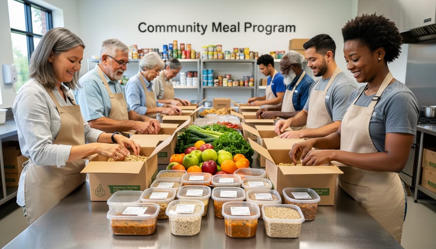 Volunteer packing community meal boxes in a kitchen with fresh food prepared for distribution.