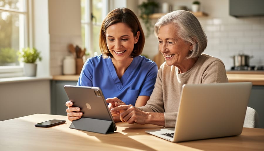 Volunteer assisting an older adult with a smartphone during a friendly visit.