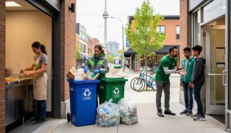 “Diverse volunteers in Toronto working together in community settings, including meal preparation, environmental cleanup, and youth mentorship.”