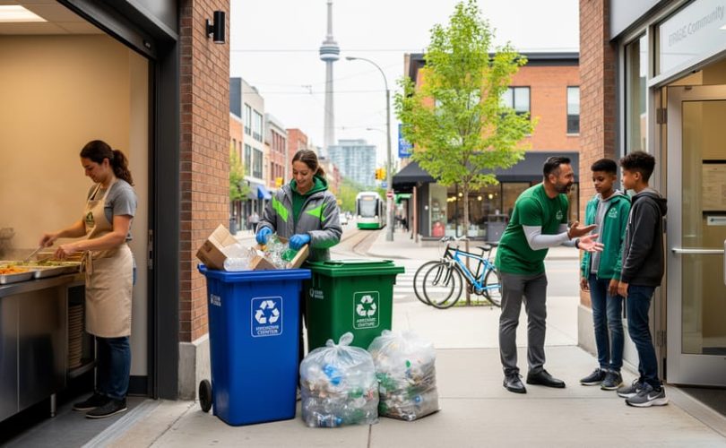 “Diverse volunteers in Toronto working together in community settings, including meal preparation, environmental cleanup, and youth mentorship.”