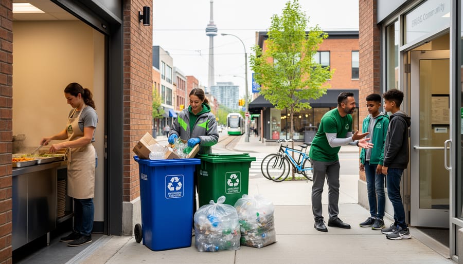 “Diverse volunteers in Toronto working together in community settings, including meal preparation, environmental cleanup, and youth mentorship.”