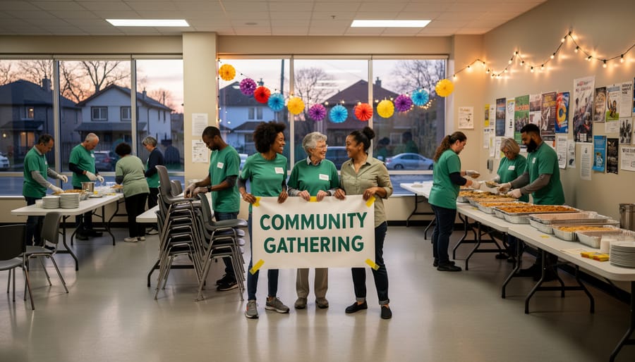 Volunteers setting up supplies for a neighborhood event