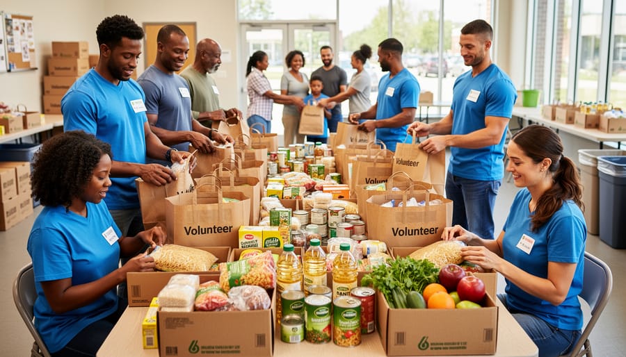 Volunteer packing groceries into reusable bags at a food distribution table