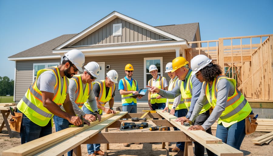 Volunteers in safety gear carrying a wooden beam at a home construction site