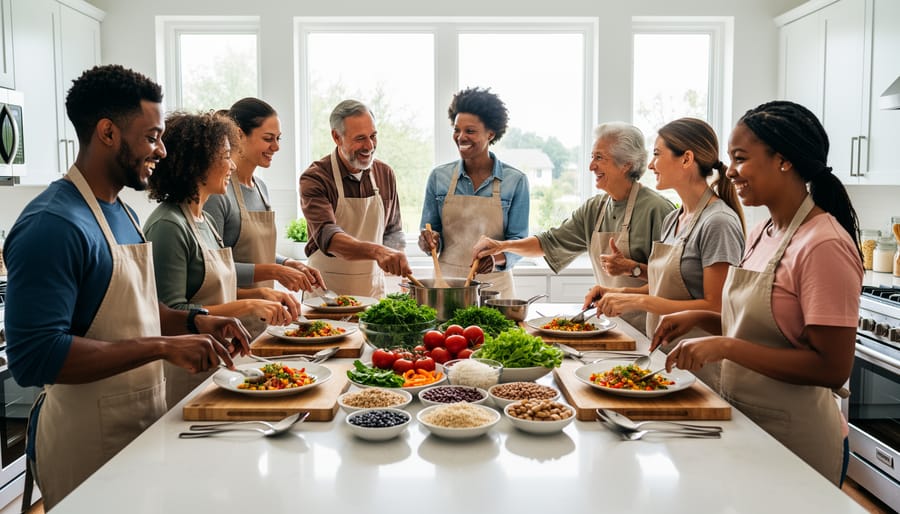 Volunteers chopping vegetables in a commercial kitchen during a meal preparation event