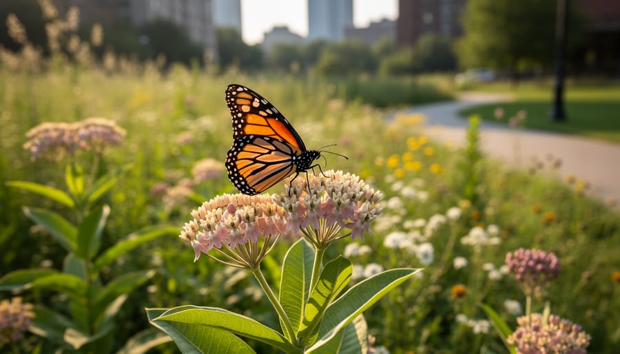 Monarch butterfly perched on milkweed in a restored garden habitat