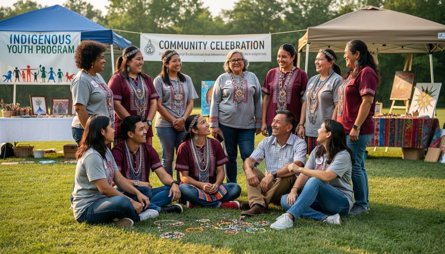 Volunteers and youth gathered in a circle outdoors at a community event