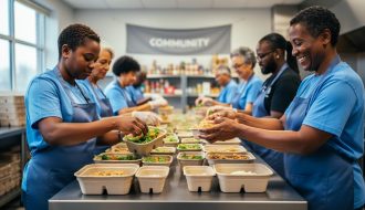 Diverse volunteers in a Toronto community kitchen assembling meal boxes for people in need.