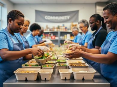 Diverse volunteers in a Toronto community kitchen assembling meal boxes for people in need.