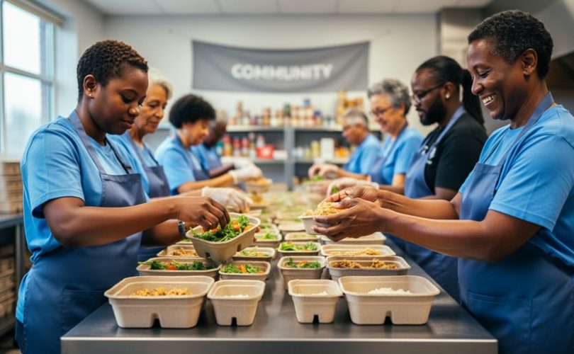 Diverse volunteers in a Toronto community kitchen assembling meal boxes for people in need.