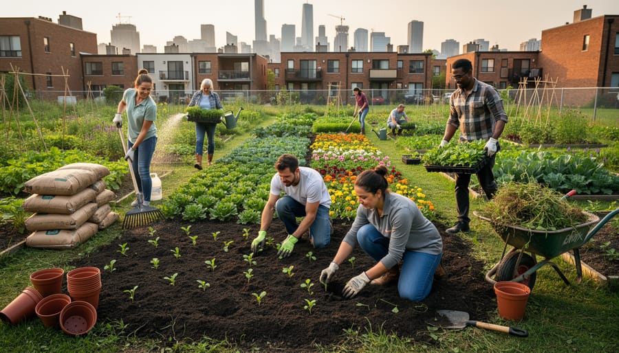 Volunteers planting seedlings in a community garden bed with soil and trowels