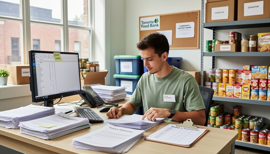 Volunteer typing on a laptop and organizing paperwork at a community food bank office desk