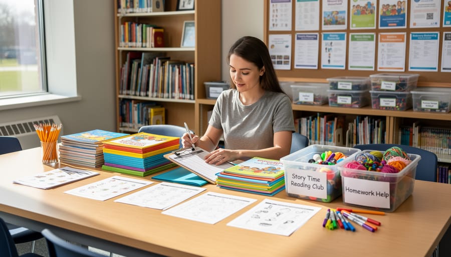 Volunteer arranging books and activity materials on a table in a library