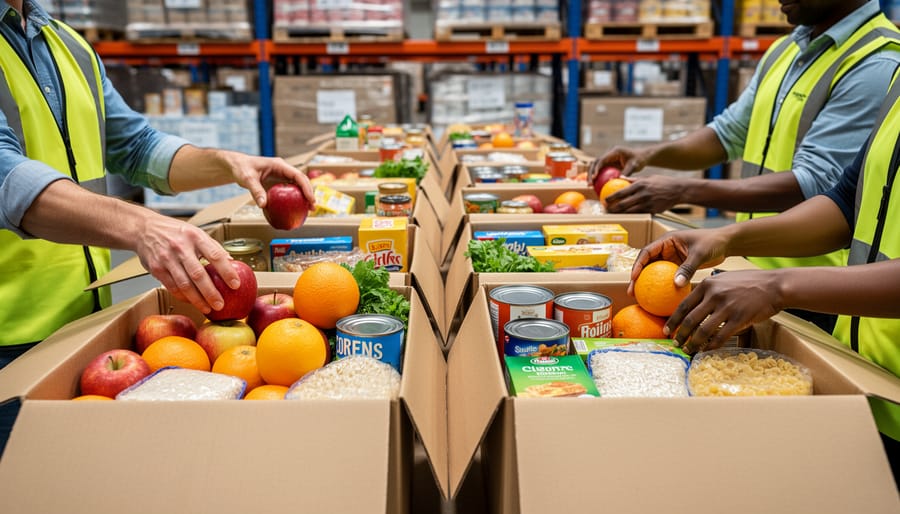 Volunteer packing a hamper with carefully selected grocery items on a table