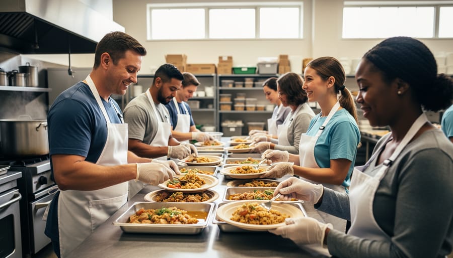 Volunteers portioning meals into containers in a shelter kitchen