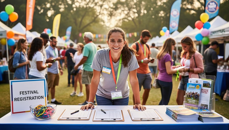 Volunteer assisting at a festival registration table while handing out wristbands