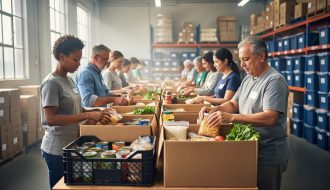 Diverse volunteers packing food hampers in a Toronto food bank warehouse during a full-day volunteer shift.