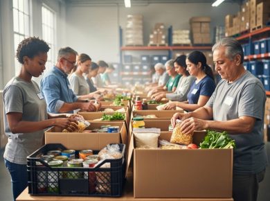 Diverse volunteers packing food hampers in a Toronto food bank warehouse during a full-day volunteer shift.