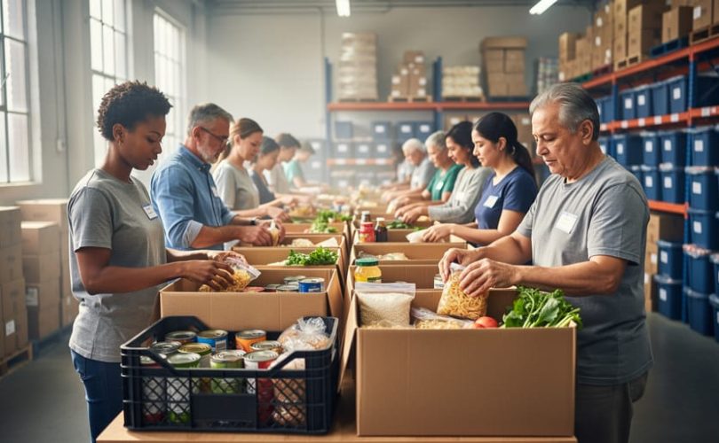 Diverse volunteers packing food hampers in a Toronto food bank warehouse during a full-day volunteer shift.