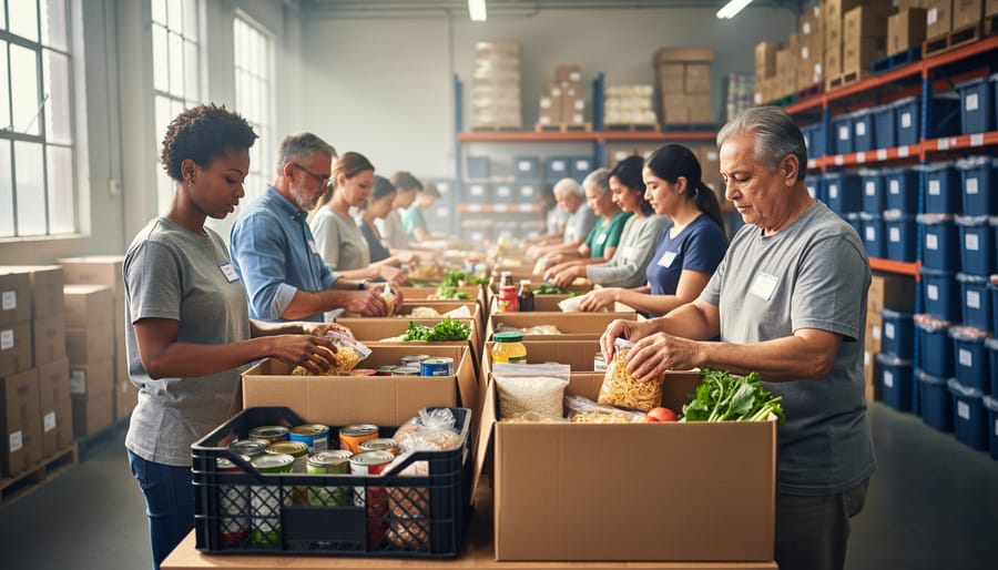 Diverse volunteers packing food hampers in a Toronto food bank warehouse during a full-day volunteer shift.